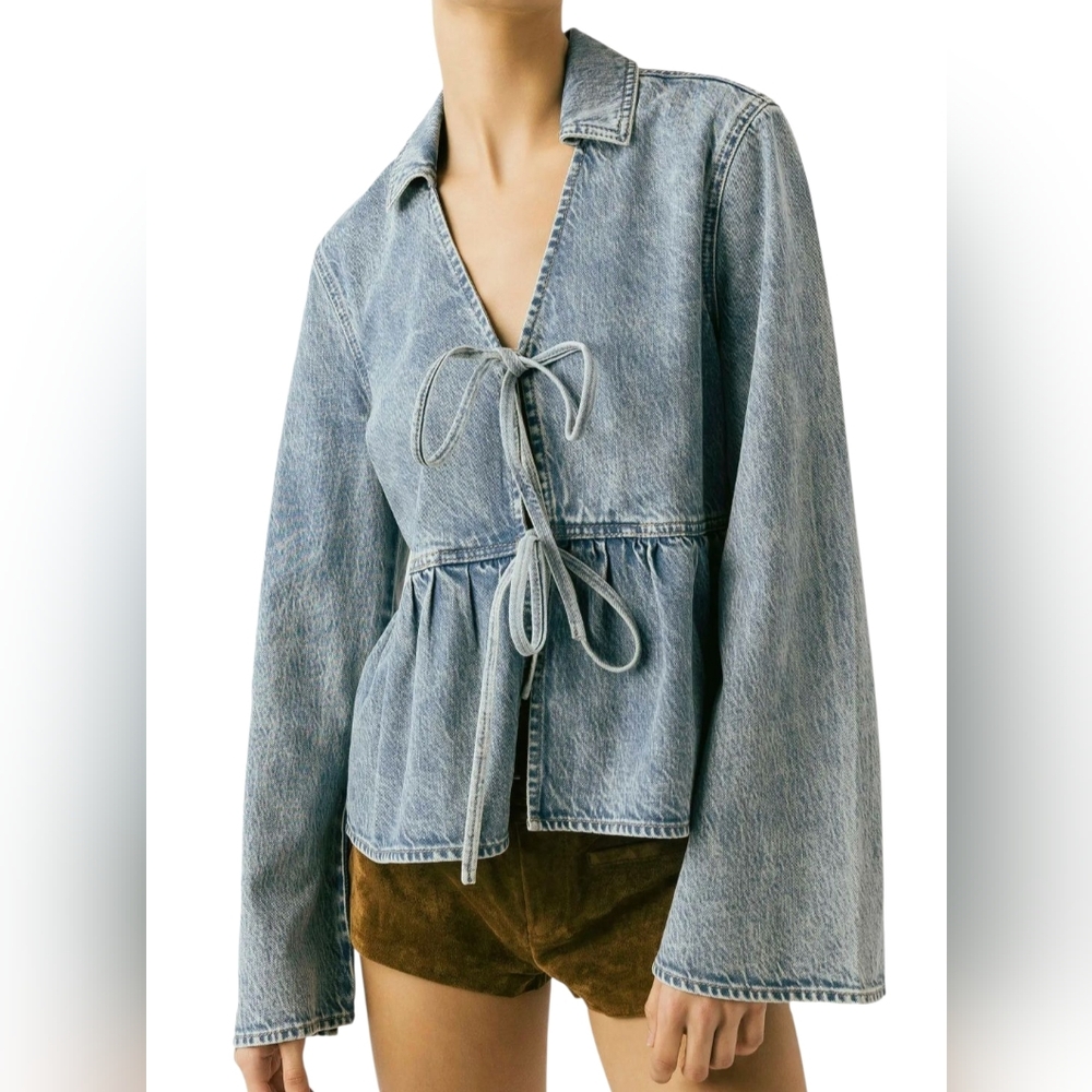 Blank NYC Light Wash Denim Tie-Front Peplum Top
